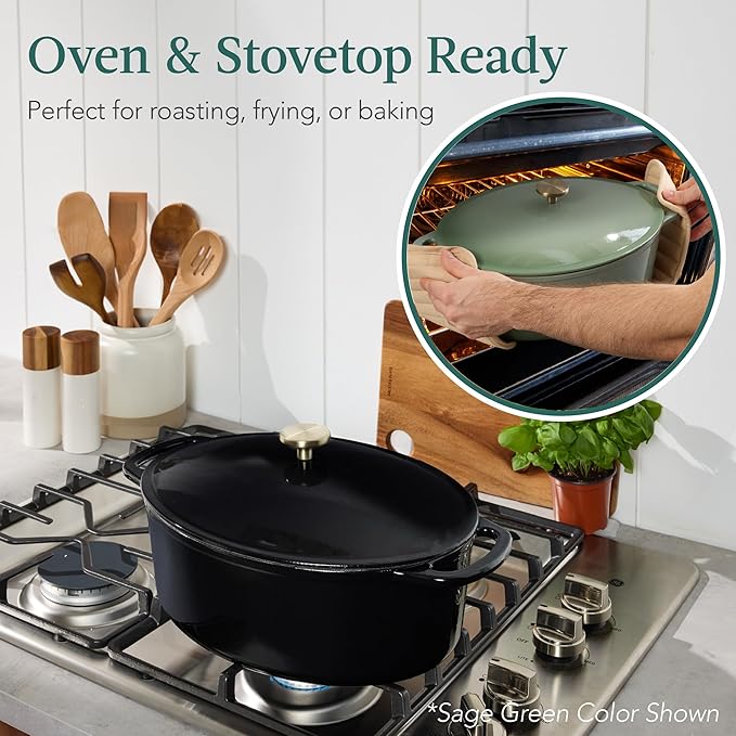 Best Choice Products Oval 7.5 Quart Enamel Cast-Iron Dutch Oven, Heavy-Duty Pre-Seasoned for Baking, Cooking w/Side Handles ??Black Licorice