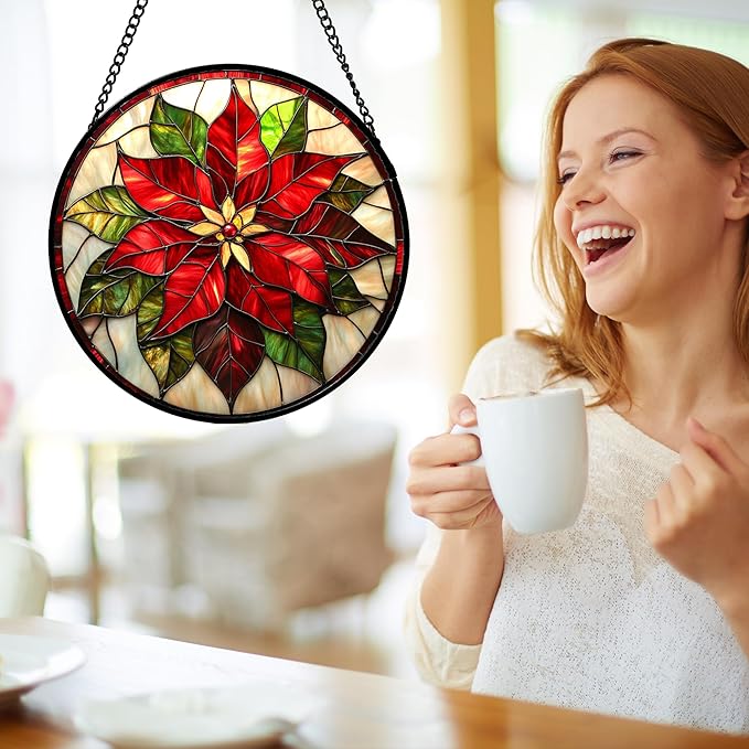 Stained Glass Window Hanging - Red Poinsettia Birth Flowers Suncatcher for Door Garden Yard Sun Catchers Decor Christmas Mother's Day Birthday Gifts for Women Mom Nana Teacher Friend 9.8 in