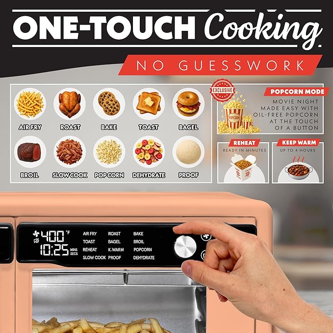 Gourmia French Door Air Fryer Oven - 37 Qt Large Capacity Convection Toaster Oven, FryForce 360°, Digital Display, 12 Cooking Presets, Dehydrate, Fits 13??Pizza, Dishwasher-Safe, Peach