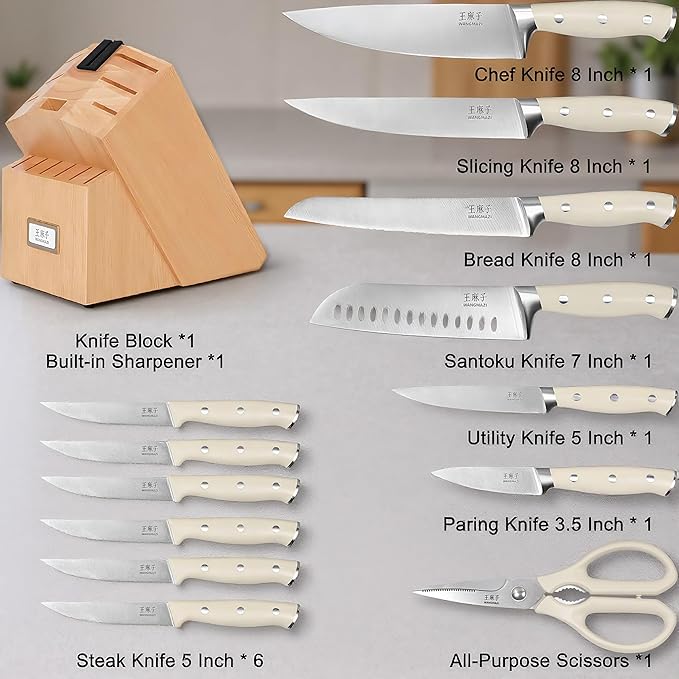 Newly Updated Premium Chef Knife Set High Carbon Stainless Steel Sharp Blade Ergonomic Rivets Handle Knife Block Set Hundreds of Years of Masterful Craftsmanship(Ivory,15PCS)