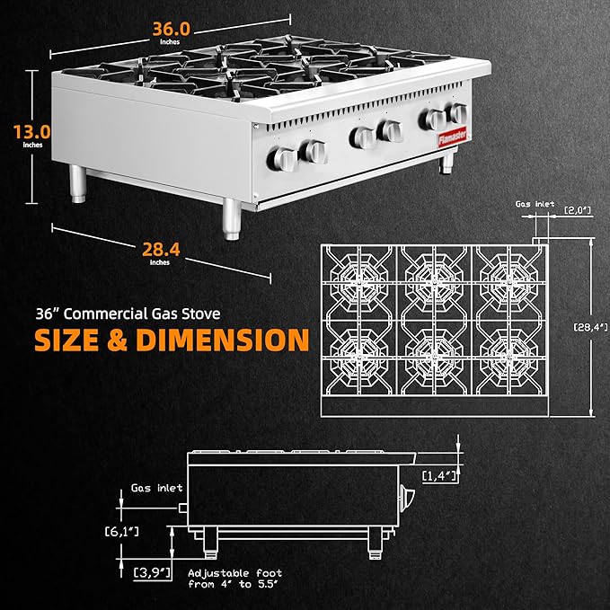 6 Burner Commercial Hot Plate, 36" Countertop Gas Stove Stainless Steel Natural Gas Range with Propane Conversion Kit Cooking Equipment for Restaurant Kitchen-150000 BTU