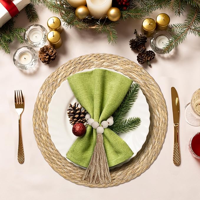Hardcometrue Woven Placemats Set of 4, 13.8" Natural Water Hyacinth Round Rattan Placemats with Wooden Beads Napkin Rings for Kitchen Dining Table Decor