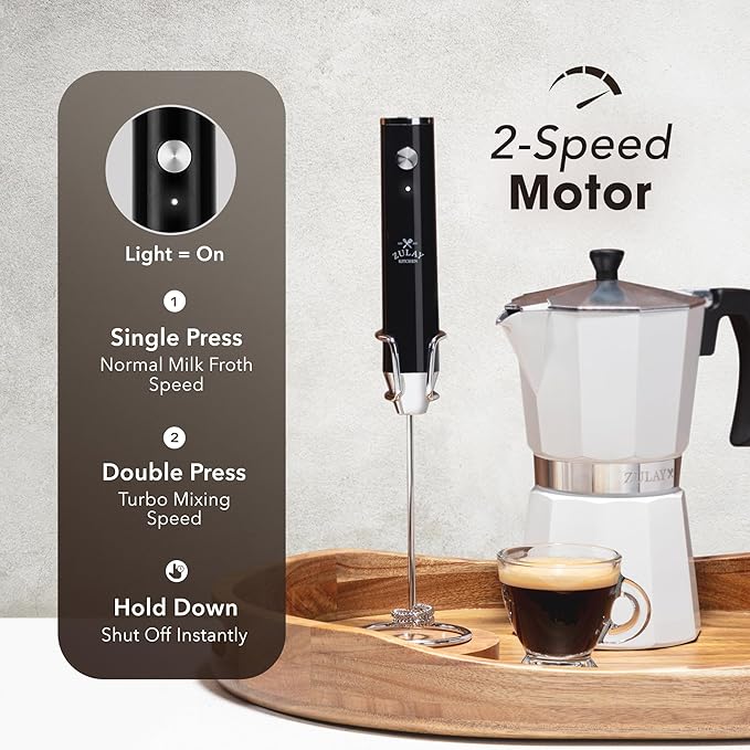 Zulay Kitchen Lux Electric Milk Frother Rechargeable Handheld - 4 Whisks, Powerful 2-Speed Motor, Waterproof, 2000mAh Battery - Drink Mixer for Latte, Cappuccino, Matcha & Protein Powder - Jet Black