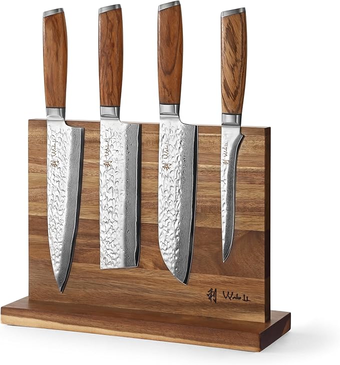 Wakoli Damascus Knife Block Set ??4-Piece Professional Kitchen Knives with Magnetic Block ??Kitchen Knife Set made of 67-Layer Damascus Steel Blades & Ergonomic Zebrawood Handles