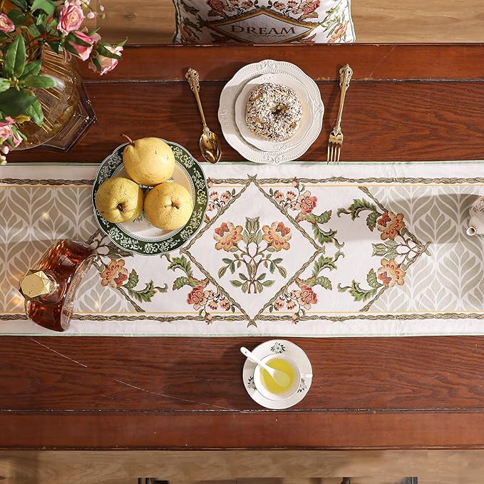 patdrea Designer French Floral Extra Long Velvet Table Runner 118 Inch Long,Green Orange Blossoms Pattern Table Mat, Decor for Kitchen Dining Coffee Table Cabinet Banquet Thanksgiving,12"*118"