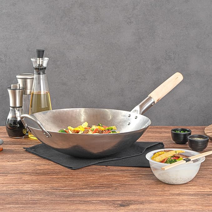 Motomori 14 Inch Hand-Hammered Carbon Steel Woks, 10 Traditional Japanese Woks - Round Bottom, Wooden Handle, Black Carbon Steel Traditional Stir Fry Pans, With Helper Handle - Restaurantware