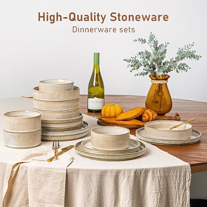 GBHOME Stoneware Dinnerware Sets for 4,Round Reactive Glaze Ceramic Plates and Bowls Set,Highly Scratch Resistant | Dishwasher & Microwave Safe Dishes Set,Service for 4(12Pcs)竊똂appuccino