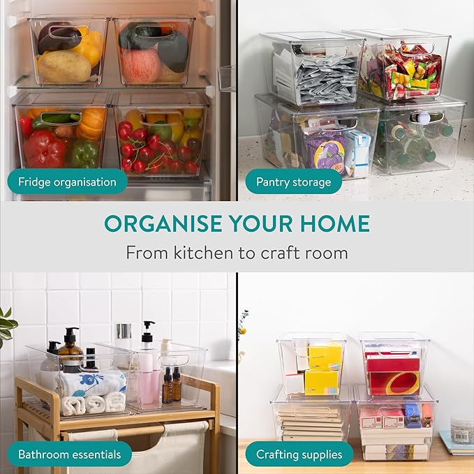 Navaris Fridge Storage Containers with Lids - Stackable Space-Saving Organizers - Large Capacity for Kitchen Pantry Organization - Set of 4 (3QT/4.9QT - 2.85L/4.6L)