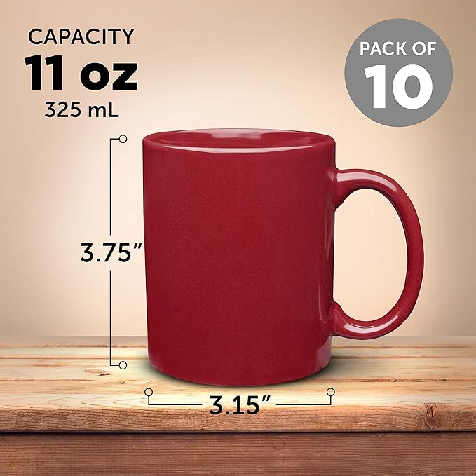 DISCOUNT PROMOS Ceramic Coffee Mugs 11 oz. Set of 10, Bulk Pack - Coffee cup set, Iced coffee cup, Gaming mug - Red