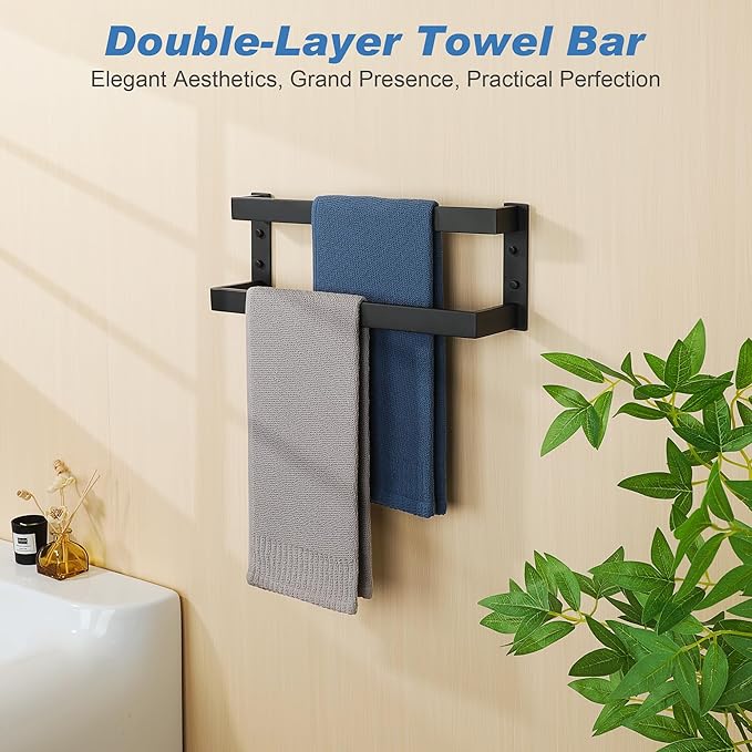 Alise Double Towel Bar, Matte Black Towel Racks for Bathroom Wall Mounted, Stainless Steel Bathroom Towel Holder, Modern Space Saving Towel Rod, 16"