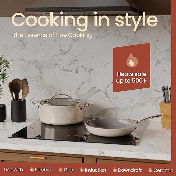 Bakken 12-Piece Aluminum Cookware Set with Ceramic Nonstick Coating, PTFE & PFAS Free, All Stovetop Safe Up To 500째F, Pots and Pans Set with Lids, Silicone Utensils Included, Dishwasher Safe, Cream