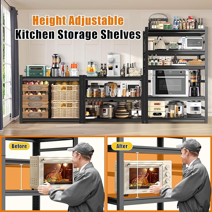 Heavy Duty Kitchen Storage Shelves 18''D*48''W*78''H, Waterproof and Rustproof Metal Shelf, Adjustable Multi-Functional Kitchen Shelf, Black