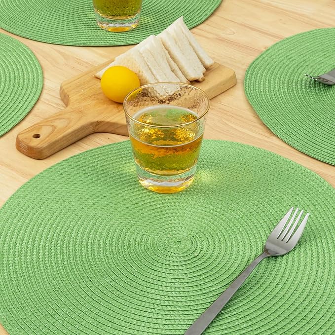 Winknowl Round Braided Placemats Set of 6 Washable Woven Heat Resistant Table Mats for Kitchen Dining Tables 15 inch Round Place Mats (Grass Green,6pcs)