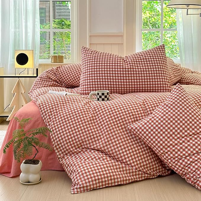 LifeTB Gingham Comforter Set King Modern Style Plaid Checkered Pattern Comforter Soft Fluffy Gingham Bedding Set Lightweight Red Orange Grid Bedding Comforter Farmhouse Checkered Comforter Set