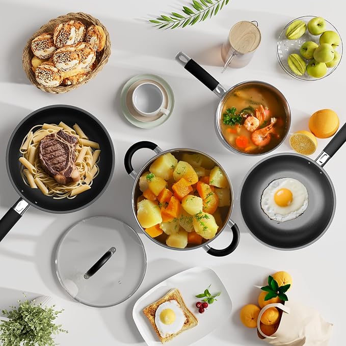 Pots and Pans Set, Stainless Steel Cookware Set of 6, Non Stick Frying Pans, 5 Ply Base Dishwasher Safe