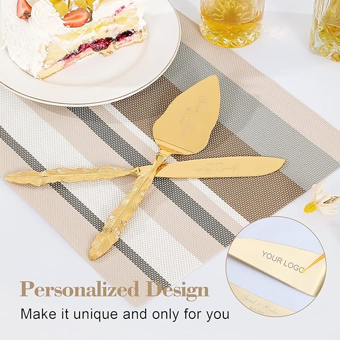 Wedding Cake Knife and Server Set, Personalized Gold Cake Cutting Set for Wedding, Engraved Classic Cake Cutter Set, Pie PastryServer, Birthday Bridal Quincea챰era Gift (CUS-Feather)