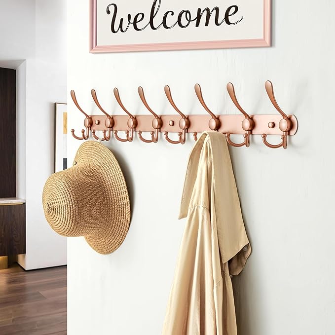 Dseap Coat Rack Wall Mount - 29.5??Long 8-Tri-Hooks Heavy Duty Coat Hanger Rail Wall Hooks for Hanging Coats Hats Clothing Clothes Purse Mudroom Entryway, Rose Gold, Pack of 2