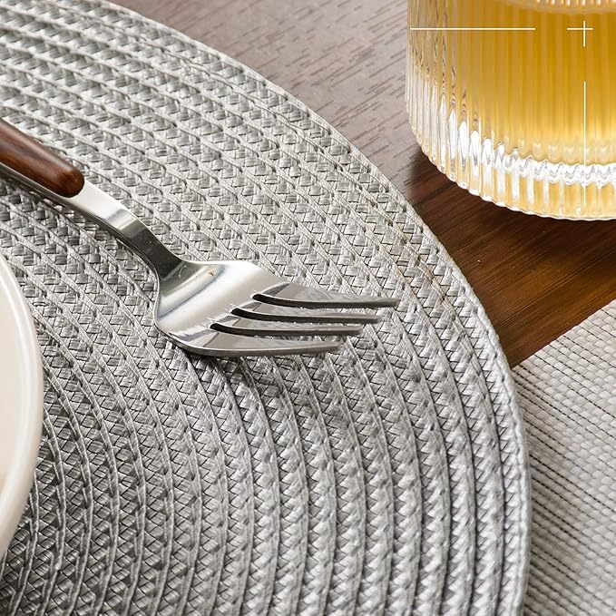 FunWheat Round Braided Placemats Set of 6 Table Mats for Dining Tables Woven Washable Non-Slip Place mats 15 inch(Grey, 6pcs)