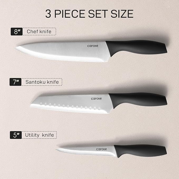 CAROTE Knife Set, 11 Pcs Kitchen Knives with 5 Blade Guards & Non-Slip Cutting Board, Rustproof Stainless Steel 5 Kitchen Knife Set, Plain Black