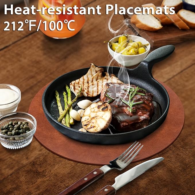 ADRIMER Placemats, Heat Resistant Round Placemats Set of 6 Washable, Waterproof Table Mats, Wipeable Faux Leather Place Mats for Kitchen, Dining Room, Dark Brown