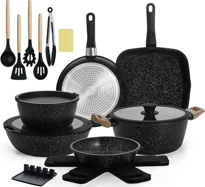 23pcs Ceramic Pots and Pans Set, Nonstick Detachable Handle Cookware, Induction Kitchen Cooking Set with Removable Handle,include Frying Pans & Saucepans Oven Safe (Black)