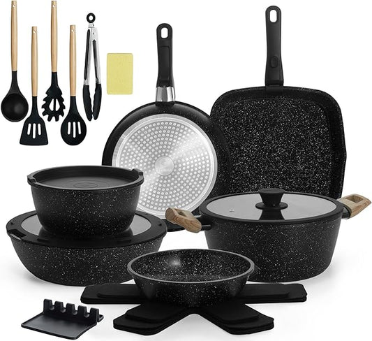23pcs Ceramic Pots and Pans Set, Nonstick Detachable Handle Cookware, Induction Kitchen Cooking Set with Removable Handle,include Frying Pans & Saucepans Oven Safe (Black)