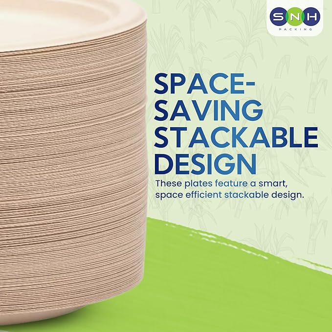 SNH Packing 100% Compostable Plates 10 Inch [125-Pack], Heavy Duty Dinner Paper Plates, Eco-Friendly Biodegradable Sugarcane Bagasse, Natural Brown Disposable Plates for Dessert, Party, BBQ & Picnic