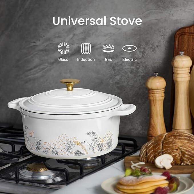 CAROTE 5QT Cast Iron Dutch Oven Pot with Lid, Enameled Floral Dutch Ovens with Gift Box, Cast Iron Pot for Sourdough Bread Baking, Braising, Stews, Roasting, Dual Handles, Healthy & Non-Toxic, All Stovetop Compatible, Oven Safe up to 500째 F, White