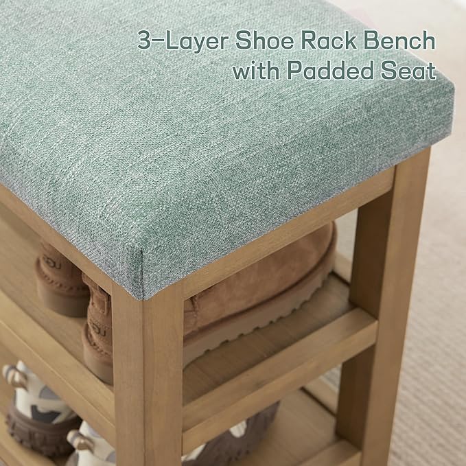 Zihanhome Shoe Rack Bench with Cushion, 2 Tier Solid Wood Storage Bench, Mid-Century Modern Shoe Bench for Entryway, Hallway, Closet, Front Door Entrance, Foyer (Teal, 46.5")