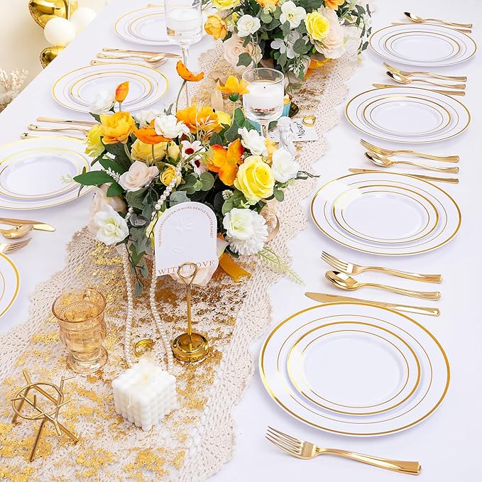 I00000 600 Pcs Gold Plastic Plates for 100 Guests.Disposable Plates for Party,Plastic Dinnerware Set of 100 Dinner Plates,100 Salad Plates,400 Gold Silverware Set(100 Spoons,100 Knives,200 Forks).