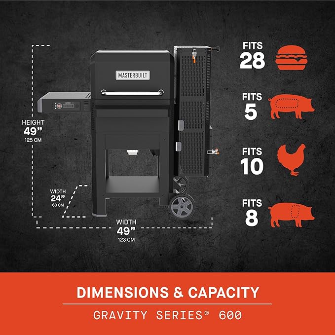 Masterbuilt® Gravity Series® 600 Digital Charcoal Grill and Smoker,WiFi Technology, GravityFed??Charcoal Hopper, 600 Cooking Sq. Inches, Reversible Smoke&Sear Cast Iron Grates, Black, Model MB20041023