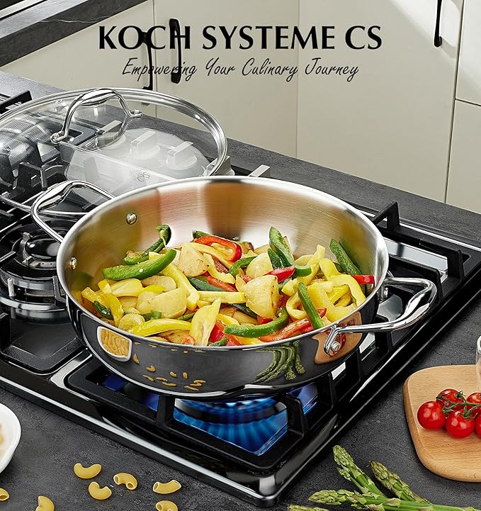 KOCH SYSTEME CS Tri-Ply Stainless Steel Saute Pan with Lid, 12 Inch Deep Frying Pan with Double Handles, 6 Quart 18/10 Stainless Steel Pan, Large Skillet, Induction Compatible, Oven Safe, Non Toxic