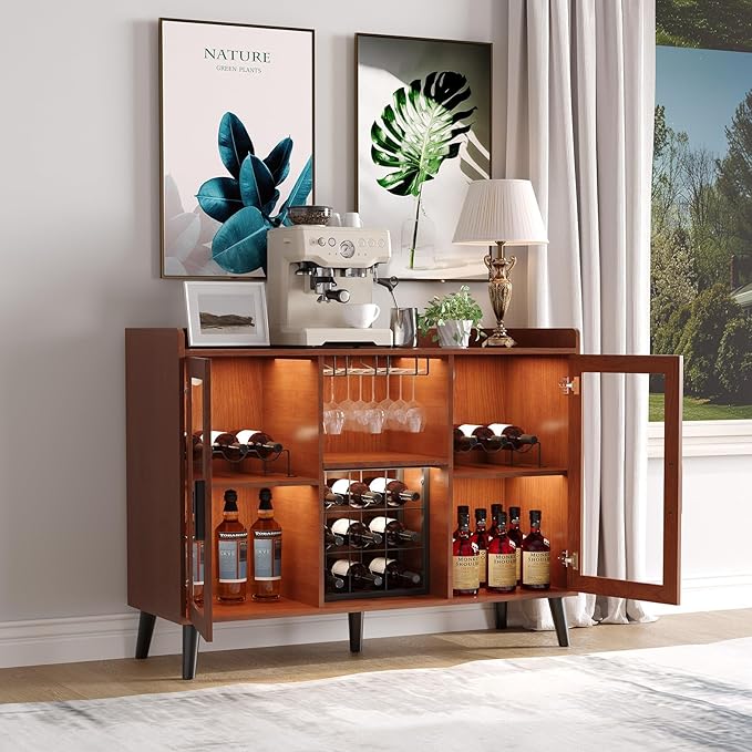 Wine Bar Cabinet with LED Lights, 47 Inch Freestanding Sideboard Buffet with Wine Rack & Glass Holder, Multi-Functional Storage Cabinet for Dining Room Living Room Kitchen, Walnut Color