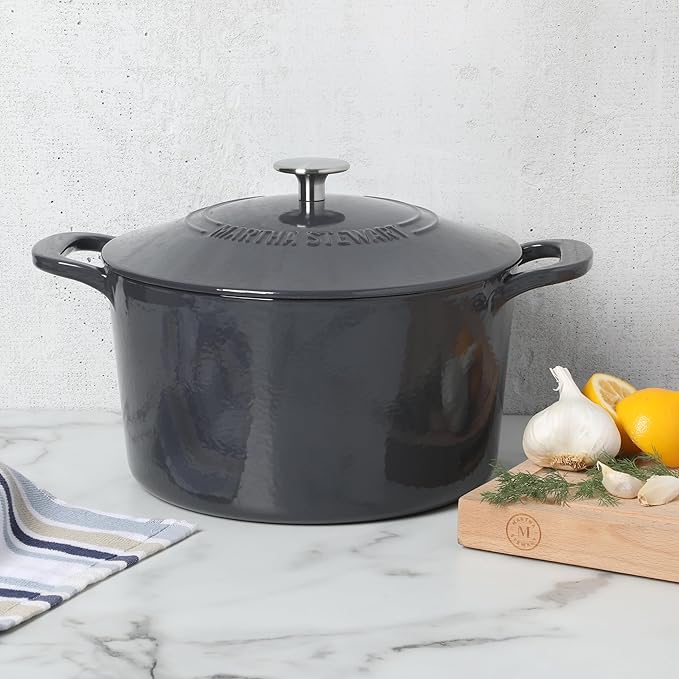 Martha Stewart Gatwick 7 QT Enamel Cast Iron Dutch Oven ??Gray, Durable Heavy-Duty Dutch Oven for Slow Cooking, Braising, and Baking