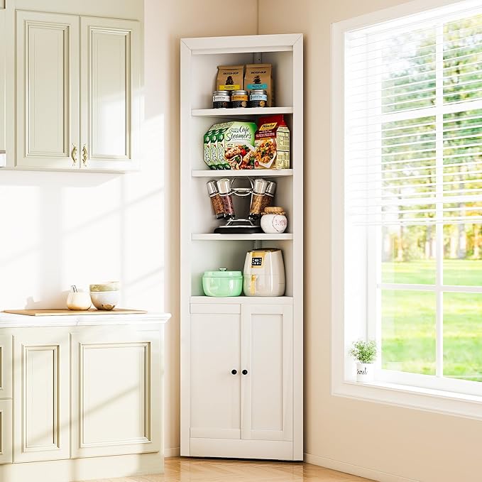 Metal Pantry Storage Cabinet with 4 Adjustable Shelves, 71" Tall Corner Cabinet for Bathroom, Corner Shelf Cabinet for Kitchen, Dining Room, Living Room, Assembly Required(White)