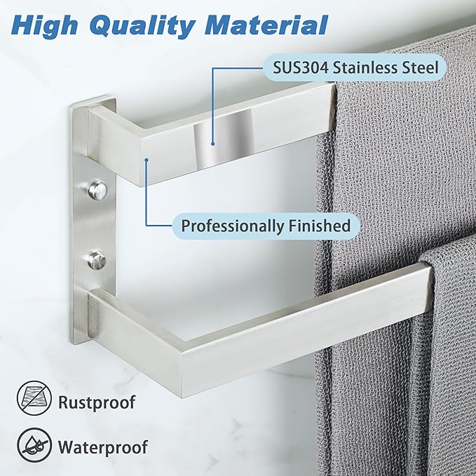 Alise Double Towel Bar 24", SUS304 Stainless Steel Towel Racks for Bathroom Wall Mounted, Heavy Duty Bathroom Towel Holder, Space Saving Towel Hanger, Brushed Nickel