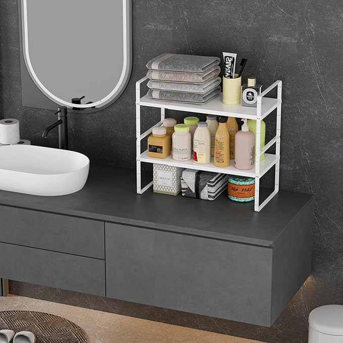 Cabinet Organizer Shelves,Expandable Pantry Counter Inside Cabinet Shelves,Stackable Spice Racks,Storage Shelves for Kitchen Bathroom Under Sink Office,White,D:8.07",3 Packs