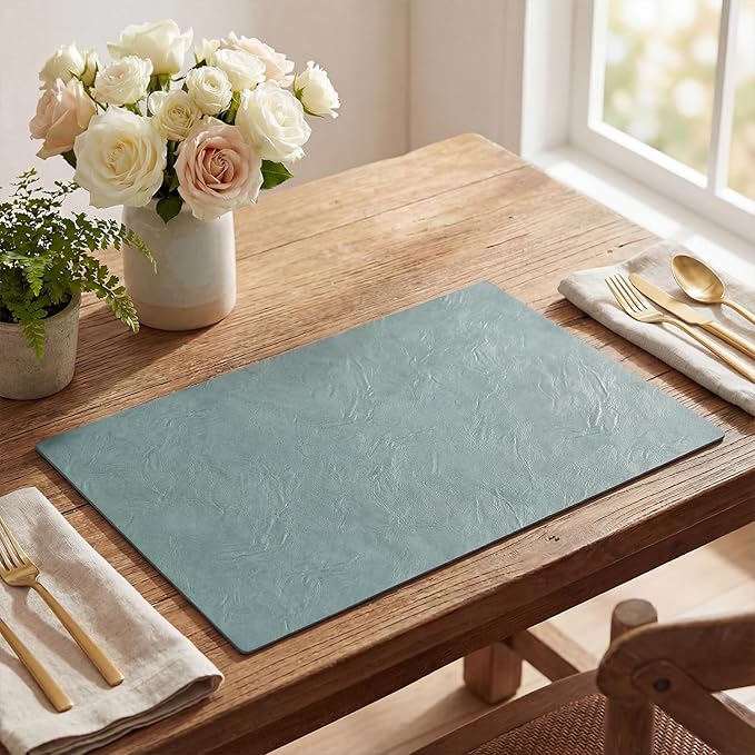 Artoid Mode Blue Faux Leather Placemats Set of 4, 12x18 Inch Waterproof Wipeable Heat Resistant Place Mats, Reversible Table Mats for Winter Kitchen Dining Decor