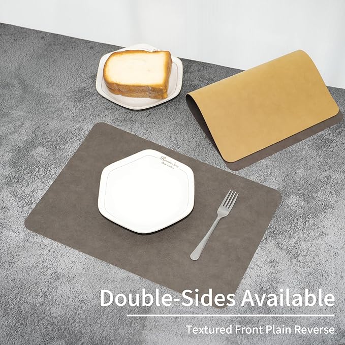 EDanle Cowhide Pattern Faux Leather Placemats Set of 6,Heat Resistant Non-Slip Waterproof Wipeable Washable Kitchen Dining PU Table Place Mats,Double-Sides Available,Grey Yellow