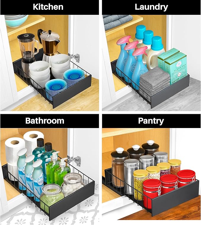 LYNK PROFESSIONAL짰 Pull Out Cabinet Organizer, 10" x 14" Single Tier Slide Out Drawers for Kitchen Cabinets - Sliding Pull-Out Pantry Shelves ??Home Shelf Organizers - Lifetime Ltd. Warranty, Black