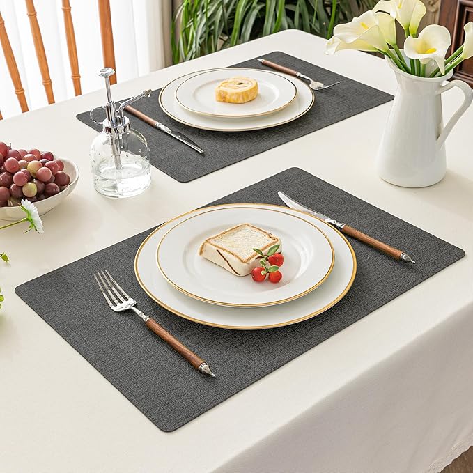 Romanstile Vinyl Placemats Set of 4-12 X 17 Inch - Heat Resistant Place Mats 100% Waterproof Oilproof Wipeable Reversible Faux Leather Table Mats for Kitchen, Dining, Party, Outdoor, Charcoal