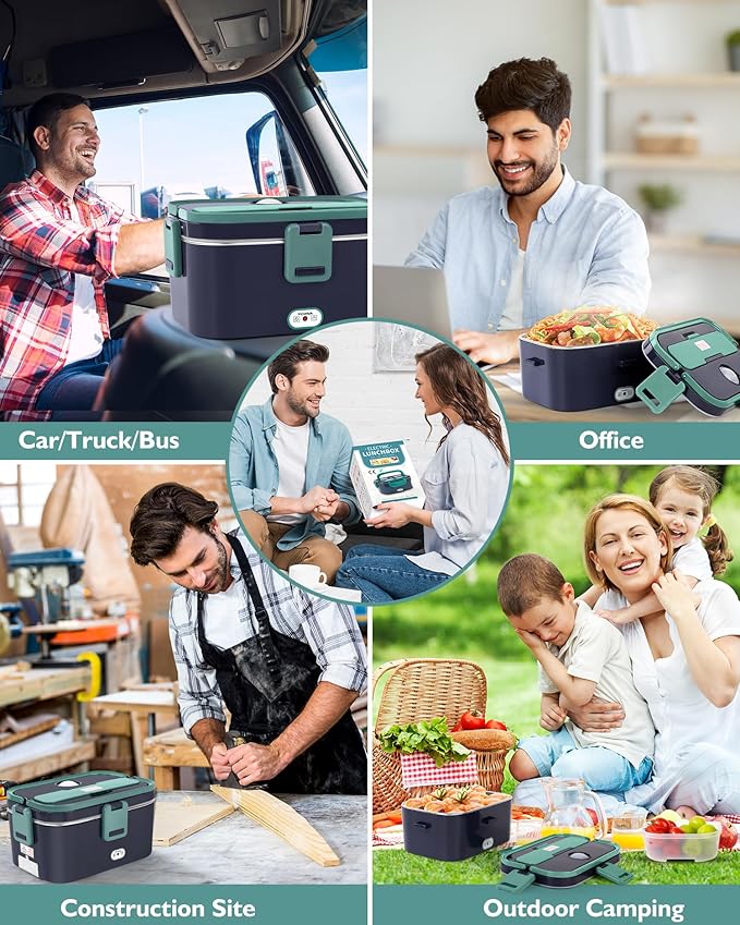 Eocolz Electric Lunch Box Food Heater Warmer 100W, 1.8L Portable Heated Lunch Box for Car Truck Work with Stainless Steel Container Fork & Spoon 12/24/110V Lonchera El챕ctrica