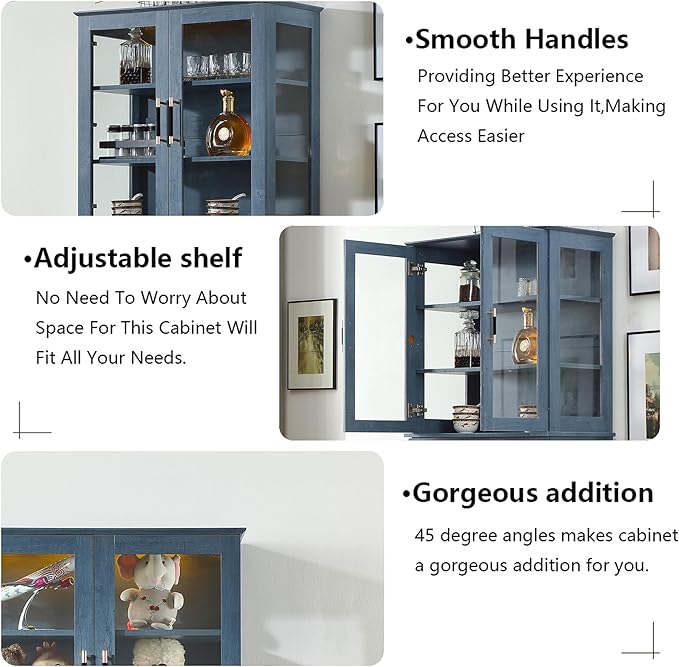 71'' Tall Pantry with Great Showcase&Storage, Pantry Cabinet with Glass Doors for Display,Removable and Adjustable Shelves for conveninet Storage, for Kitchen, Blue