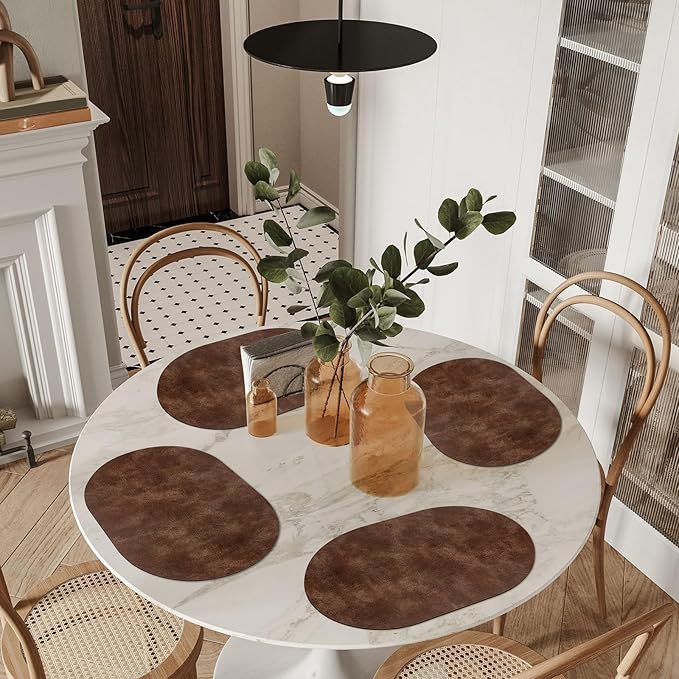 ADRIMER Placemats, Heat Resistant Oval Placemats Set of 6 Washable 12 x 17 Inch, Waterproof Table Mats, Wipeable Pu Place Mats for Kitchen, Dining Room, Brown