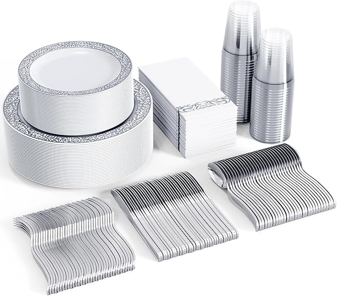 FOCUSLINE 350 Ct Silver Dinnerware Set for 50 Guests, Silver Lace Plastic Plates Disposable Heavy Duty, Including 50 Dinner & Dessert Plates, Cups, Napkins, Cutlery Set