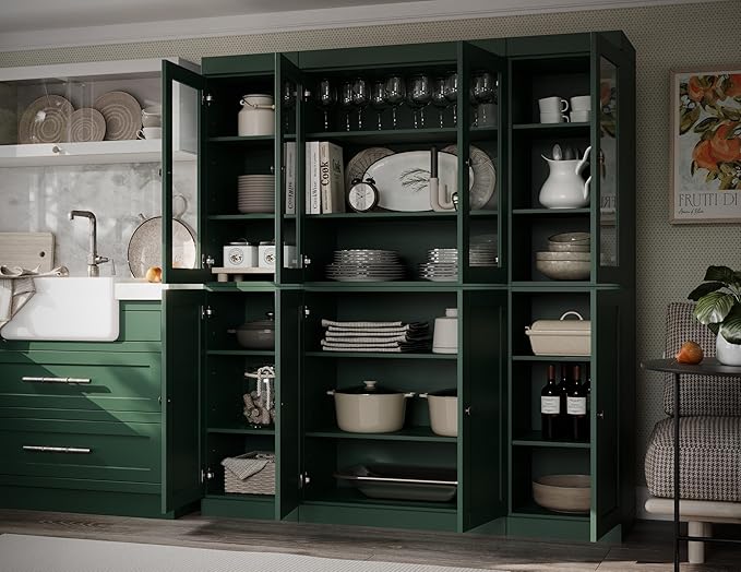 Palace Imports 100% Solid Wood Kitchen China Pantry Cabinet, 65" W - 4 Clear Glass & 4 Shaker Doors, Renewable Eco-Friendly Wood, Made in Brazil (Green, 8 China/Shaker Doors | NO Drawers)