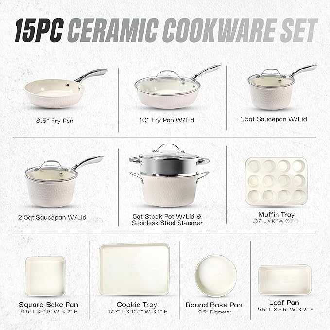 Gotham Steel Hammered 15Pcs Ceramic Cookware Set Nonstick, Induction Pots and Pans Set Non Stick with Bakeware Set & Steamer for Cooking, Non Toxic PFOA PFOS Free, Oven & Dishwasher Safe, Cream White