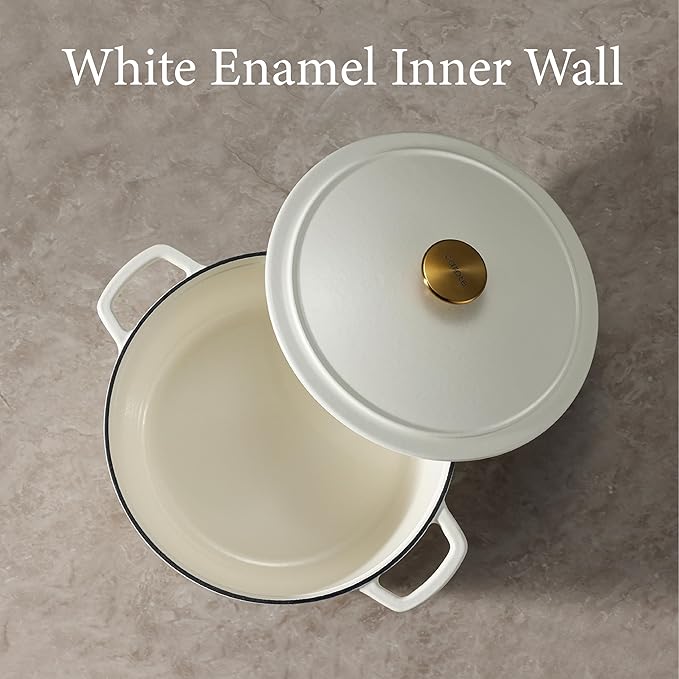 CAROTE 5QT Enameled Cast Iron Dutch Oven Pot with Lid, Heavy-Duty Dutch Oven for Sourdough Bread Baking, Braising, Stews, Roasting, Healthy & Non-Toxic, Dual Handles, All Stovetop Compatible, Oven Safe up to 500째 F, Cream White