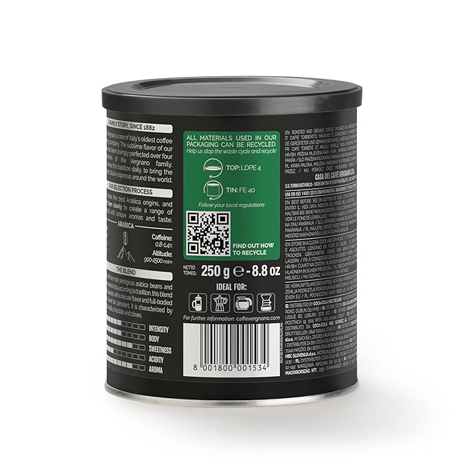 Caff챔 Vergnano Italian Finely Ground Espresso Coffee ??100% Arabica for Moka, Intensity Level 4 ??Sweet & Balanced Blend Slow Roasted with Notes of Chocolate, Hazelnut, Caramel, 8.82 oz Tin
