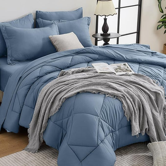 HEVUMYI Dusty Blue Cali-King Comforter Set - 7-Piece All Season Bed in a Bag Cali-King, Ultra Soft Bedding Set with Comforter, Flat Sheet, Fitted Sheet, Pillowcases, Pillow Shams